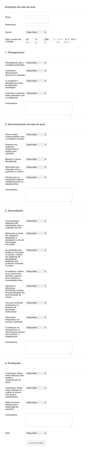 Formulário De Avaliação De Sala De Aula