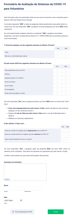 Formulário De Avaliação De Sintomas Da COVID 19 Para Voluntários Form Template