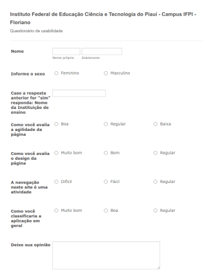 Formulário De Avaliação De Usabilidade De Plataforma Online