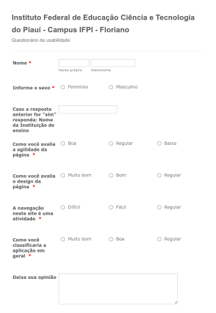 Formulário De Avaliação De Usabilidade De Plataforma Online Form Template
