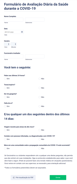 Formulário De Avaliação Diária Da Saúde Durante A COVID 19 Form Template