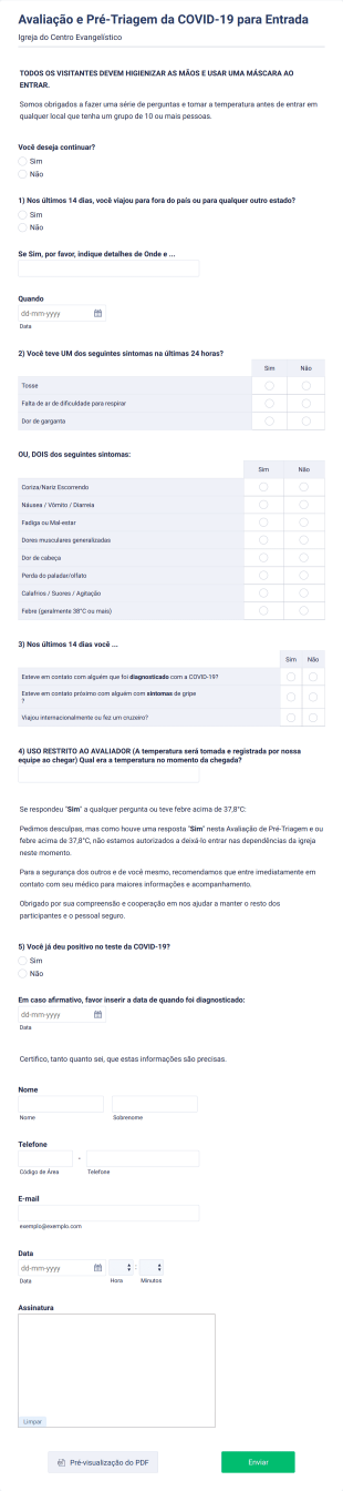 Formulário De Avaliação E Pré Triagem Para Entrada Na Igreja Durante A COVID 19 Form Template