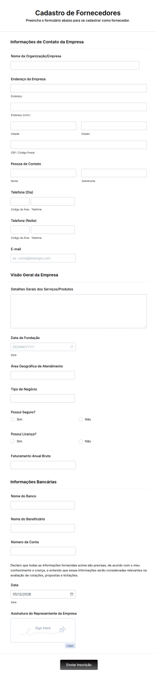 Formulário De Cadastro De Fornecedores