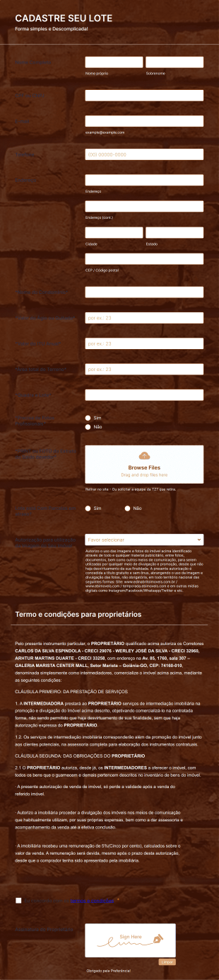 Formulário De Cadastro De Imóvel LOTE Form Template