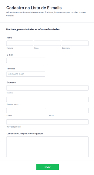 Formulário De Cadastro Na Lista De E Mails