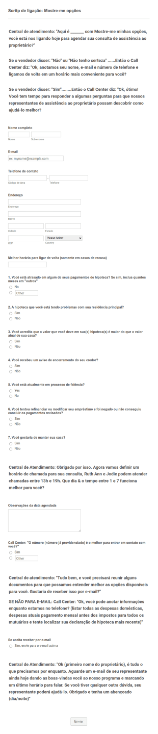Formulário De Call Center