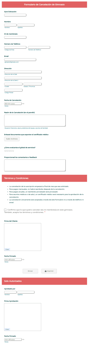 Formulario De Cancelación De Gimnasio