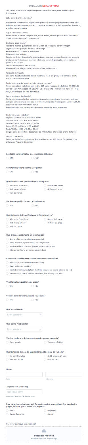 Formulário De Candidato A Estoquista Terramare