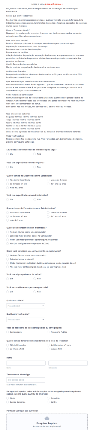 Formulário De Candidato A Estoquista Terramare