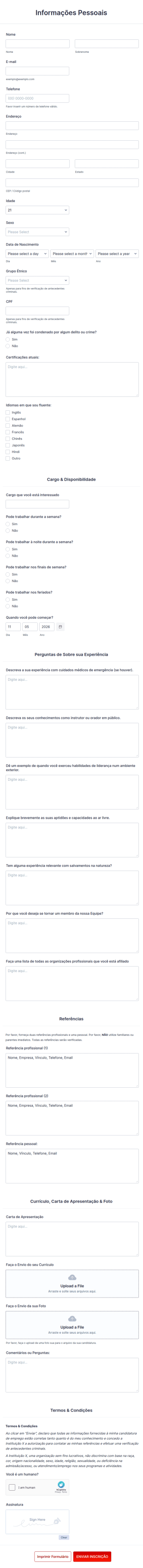 Formulário De Candidatura Para Vagas De Instrutor Socorrista