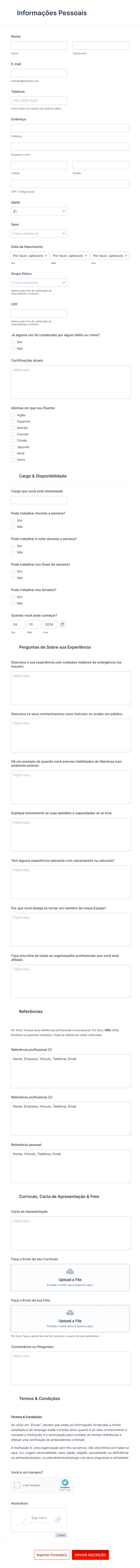 Formulário De Candidatura Para Vagas De Instrutor Socorrista Form Template