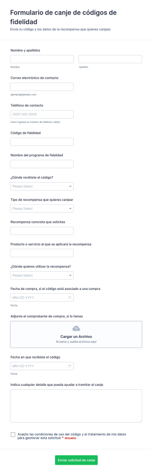 Formulario De Canje De Código De Fidelidad
