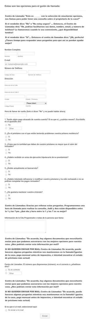 Formulario De Centro De Llamadas