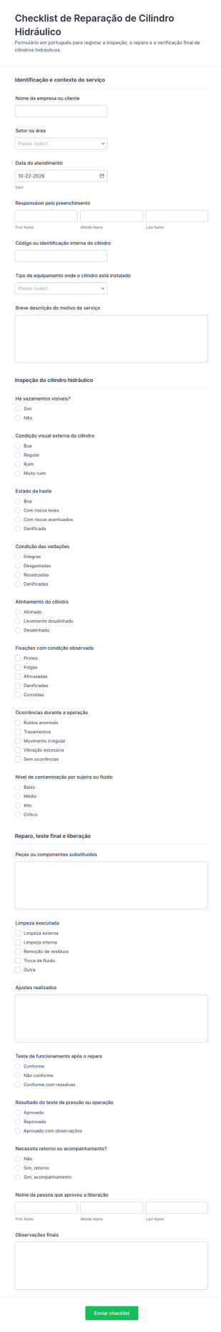 Formulário De Checklist De Reparação De Cilindros Hidráulicos