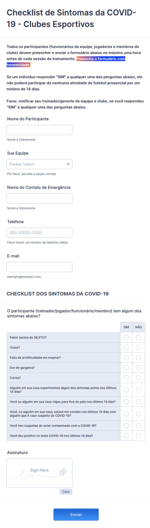 Formulário De Checklist De Sintomas Da COVID 19 Para Clubes Esportivos