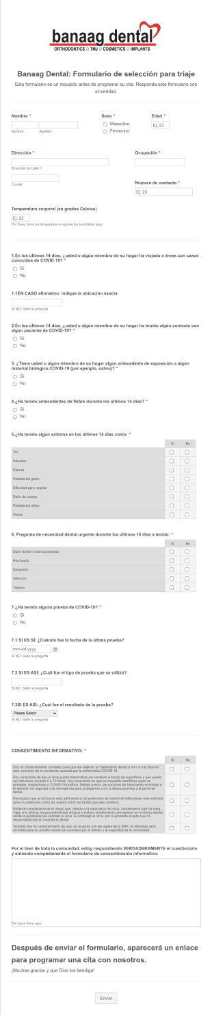 Formulario De Clasificación COVID 19 De La Clínica Dental Form Template