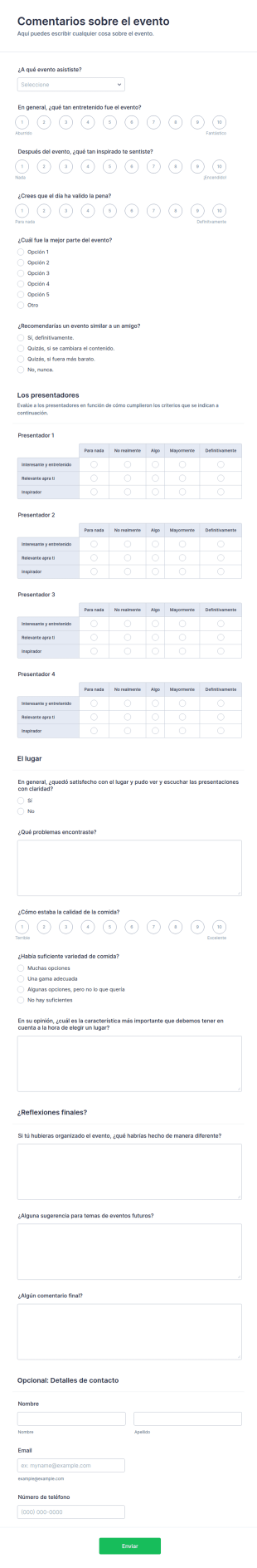 Formulario De Comentarios Del Presentador Del Evento