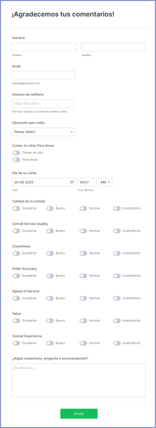 Formulario De Comentarios Sobre El Restaurante Form Template