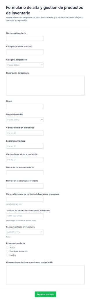 Formulario De Configuración De Productos De Inventario