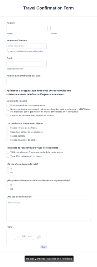 Formulario De Confirmación De Viaje