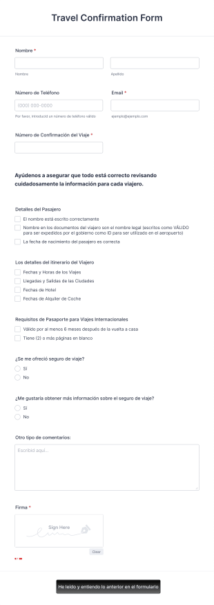 Formulario De Confirmación De Viaje