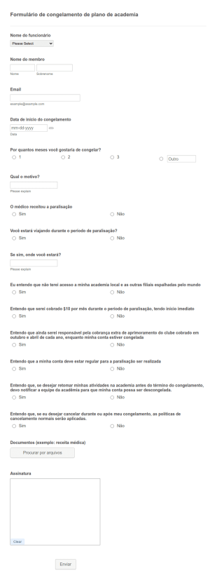 Formulário De Congelamento De Plano De Academia