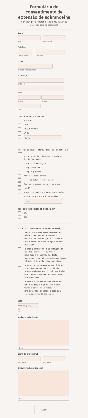 Formulário De Consentimento De Extensão De Cílios Form Template