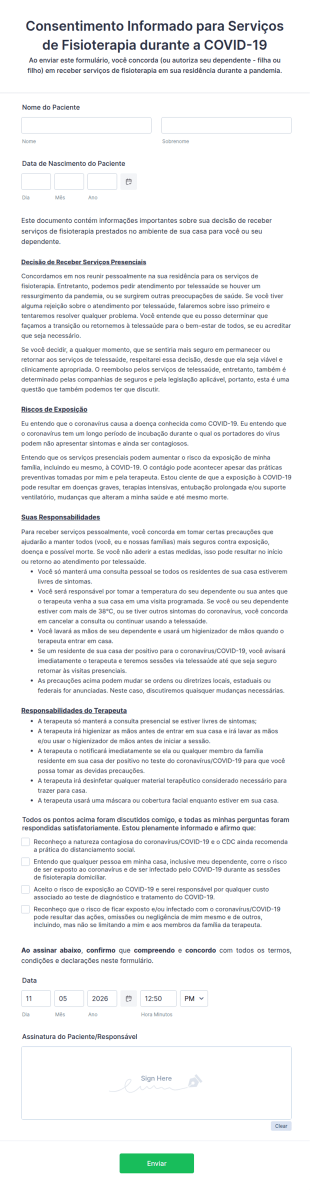 Formulário De Consentimento Informado Para Serviços De Fisioterapia Presencial Durante A COVID 19
