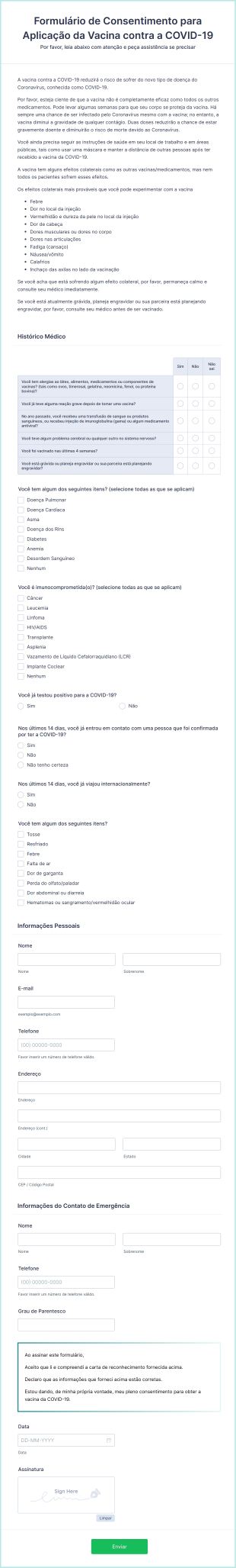 Formulário De Consentimento Para Aplicação Da Vacina Contra A COVID 19 Form Template