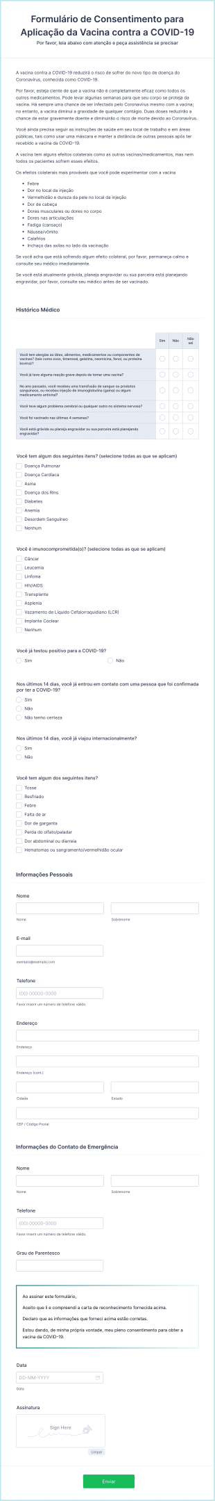 Formulário De Consentimento Para Aplicação Da Vacina Contra A COVID 19 Form Template