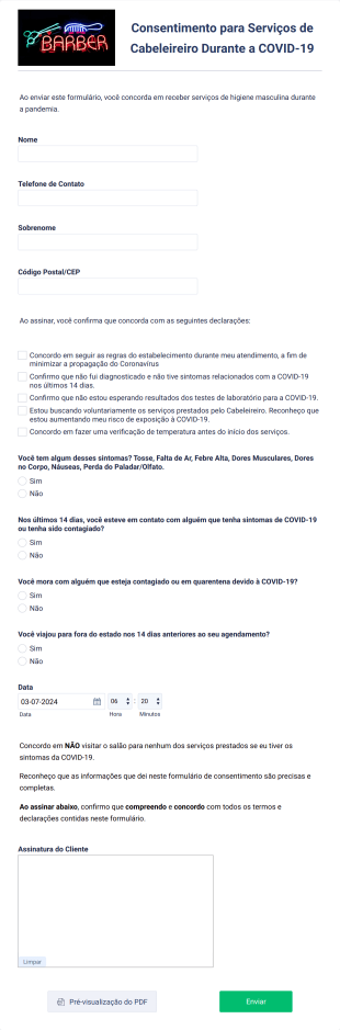 Formulário De Consentimento Para Serviços De Cabeleireiro Durante A COVID 19 Form Template