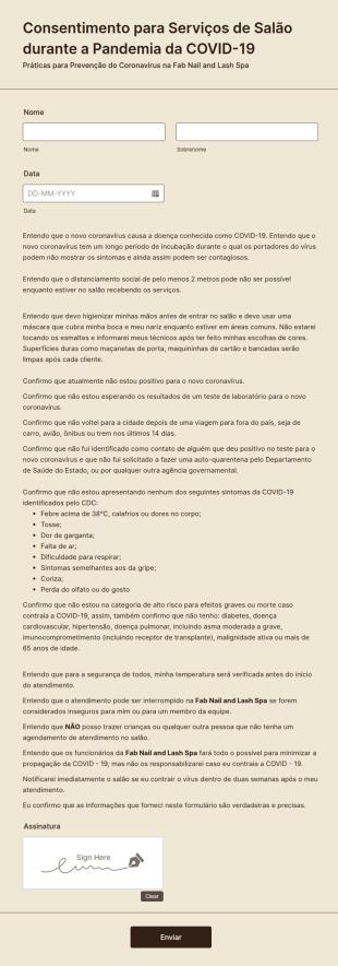 Formulário De Consentimento Para Serviços De Salão Durante A Pandemia Da COVID 19