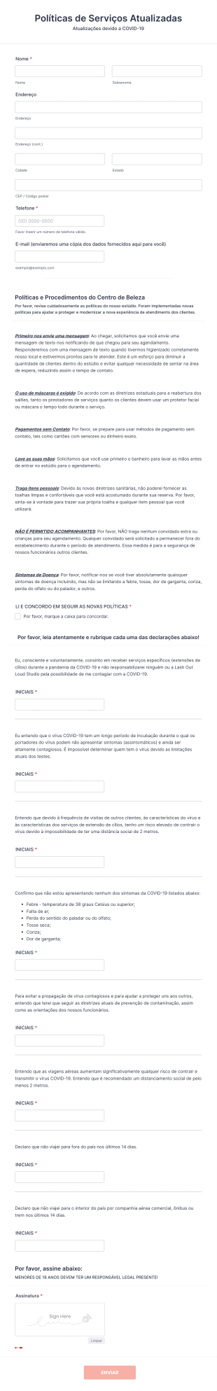 Formulário De Consentimento Para Serviços Do Salão De Beleza Durante A COVID 19 Form Template