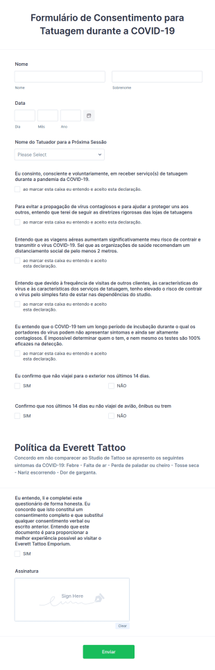 Formulário De Consentimento Para Studio De Tatuagem Durante A COVID 19