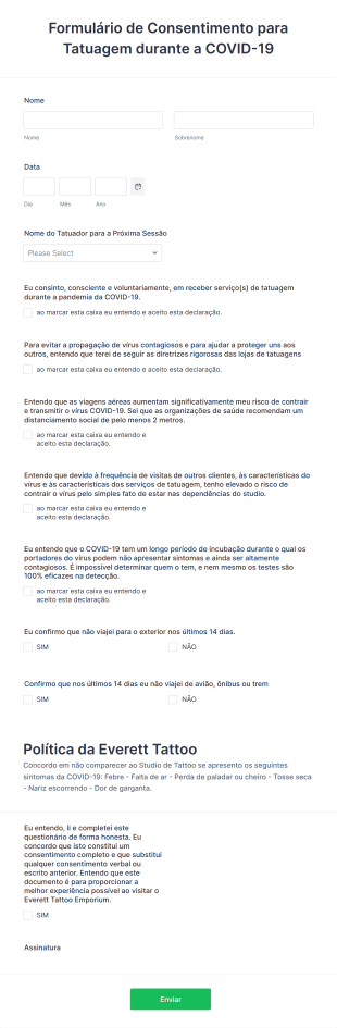 Formulário De Consentimento Para Studio De Tatuagem Durante A COVID 19