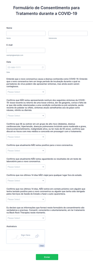 Formulário De Consentimento Para Tratamento Durante A COVID 19