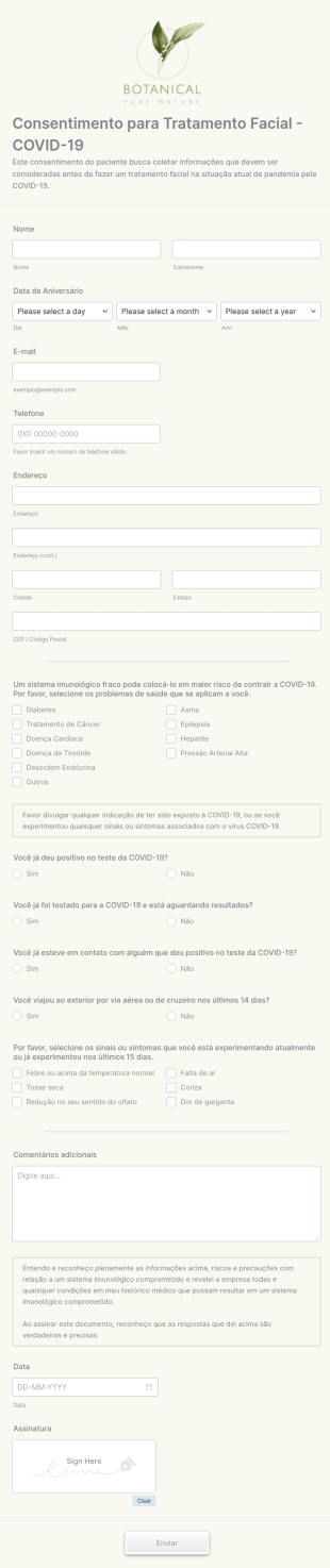 Formulário De Consentimento Para Tratamento Facial Durante A COVID 19