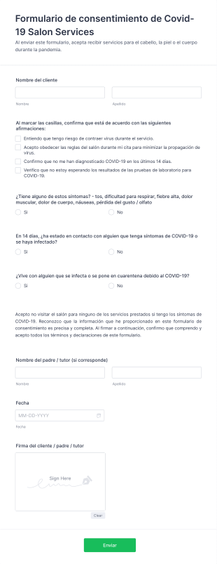 Formulario De Consentimiento De Covid 19 Salon Services Form Template
