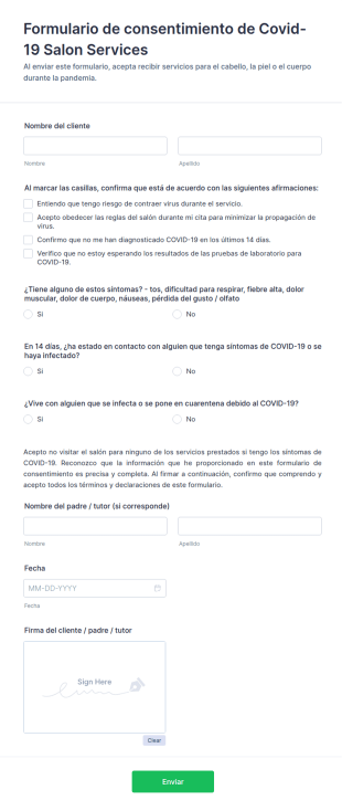 Formulario De Consentimiento De Covid 19 Salon Services