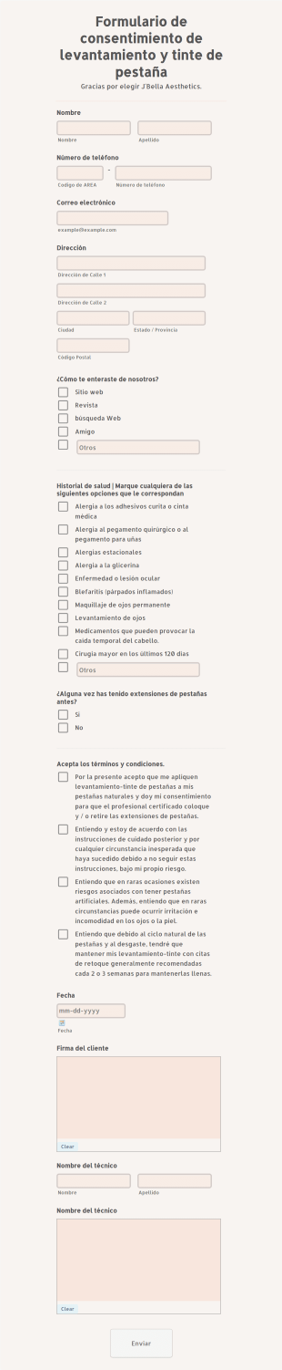 Formulario De Consentimiento De Levantamiento Y Tinte De Pestaña