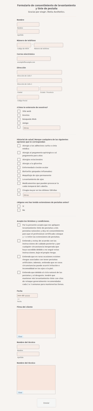 Formulario De Consentimiento De Levantamiento Y Tinte De Pestaña