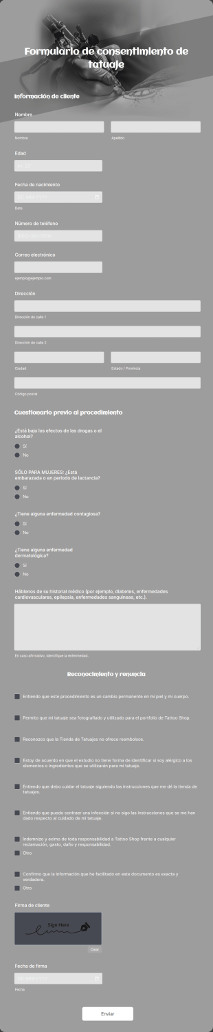 Formulario De Consentimiento De Tatuaje
