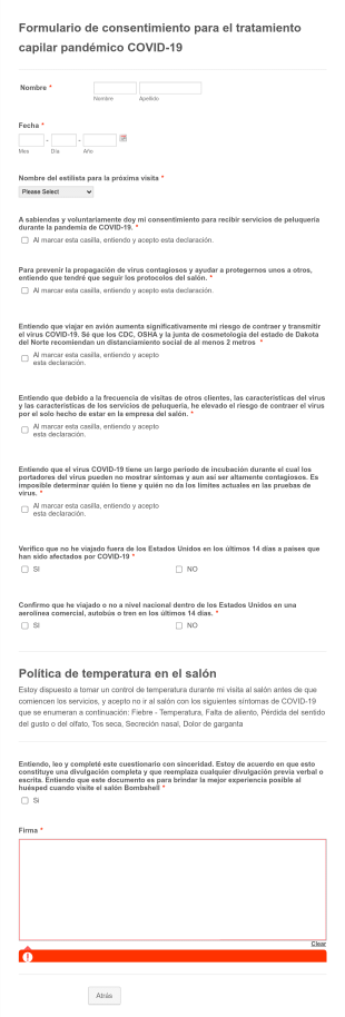Formulario De Consentimiento Para El Tratamiento Capilar Pandémico COVID 19 Form Template