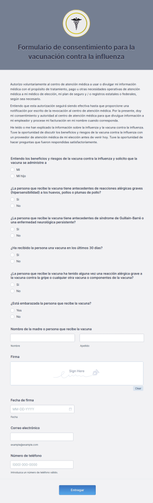 Formulario De Consentimiento Para La Vacunación Contra La Influenza
