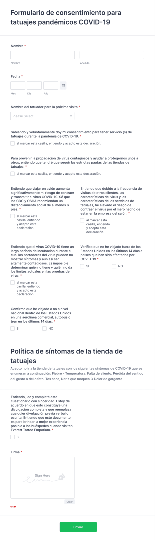 Formulario De Consentimiento Para Tatuajes COVID 19 Form Template