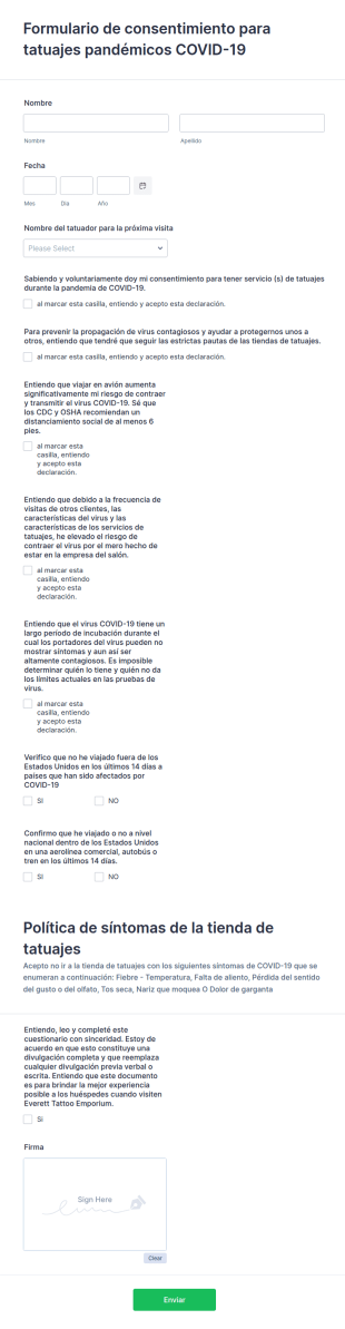 Formulario De Consentimiento Para Tatuajes COVID 19