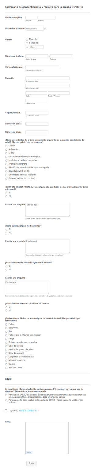 Formulario De Consentimiento Y Registro Para La Prueba COVID 19