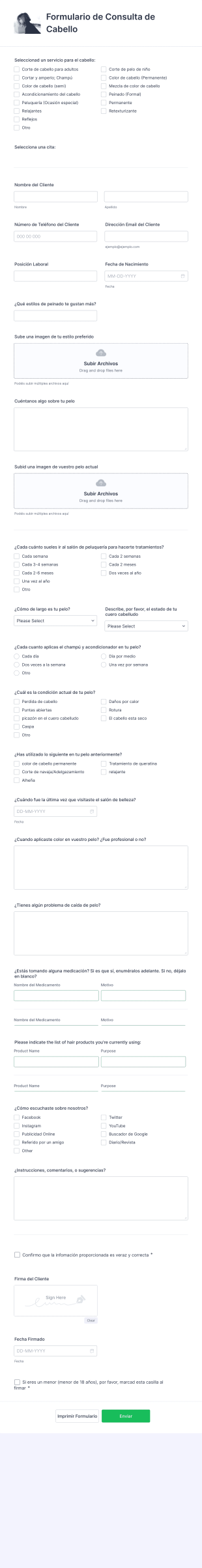 Formulario De Consulta De Cabello Form Template