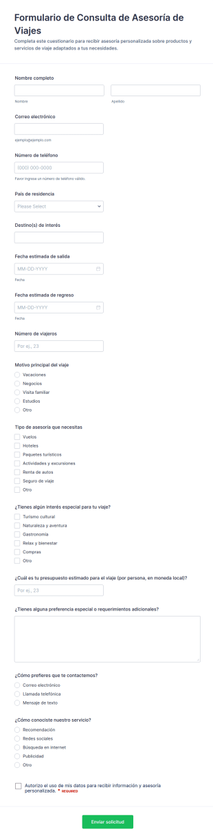 Formulario De Consulta Para Asesorías De Viajes