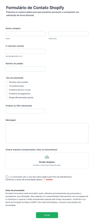 Formulário De Contato Shopify